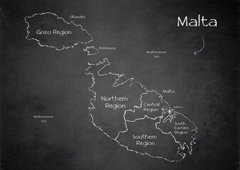 Malta map, Current regions and names, design card blackboard chalkboard vector