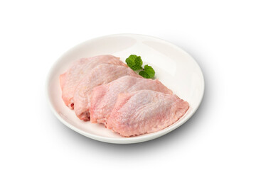 Fresh raw Chicken middle wing stick (wingette) on white plate isolated on white background with clipping path