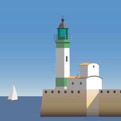 Le Treport lighthouse in the harbour entré in Normandie. Vector illustration - obrazy, fototapety, plakaty