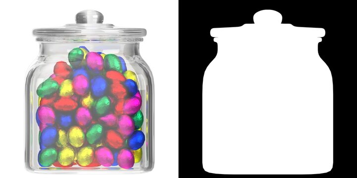 3D rendering illustration of a glass jar filled with chocolate eggs