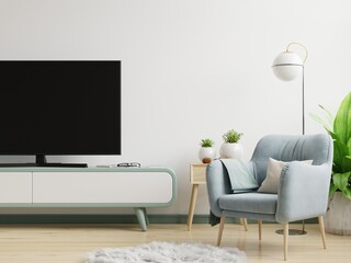 TV on the cabinet in modern living room with blue armchair on white wall background.