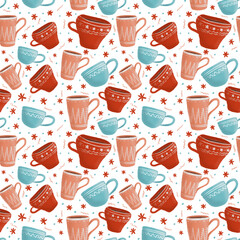 Seamless pattern with different cups and mugs on white background. For gift, wrapping paper, fabric.