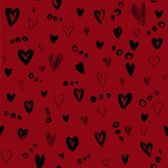 Black hearts on red backgrond. Seamless digital pattern