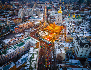 The aerial view of central Kiev in Christmas time, Ukraine
