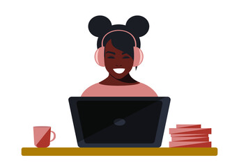 Dark-skinned African American woman in headphones works remotely with a laptop. Home office during quarantine due to coronavirus. Stay at home and get an education online. Vector.