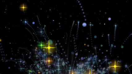 Abstract technology of the flight of multi-colored particles similar to stars and balls in 3D graphics. 4K. Isolated black background.