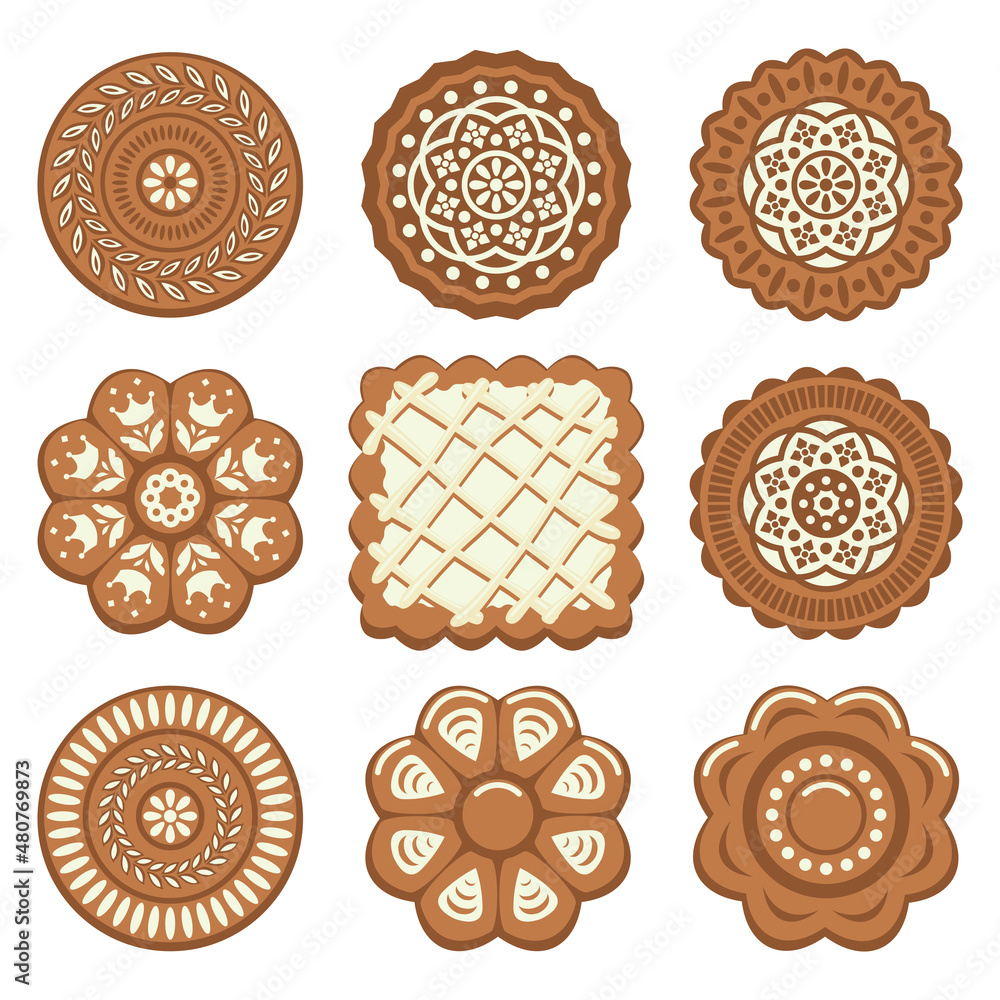Poster vector set of biscuit chip cookies of different shapes