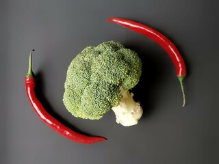 broccoli and red hot chili peppers on the black background with selective focus