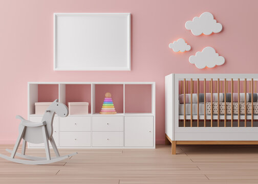 Empty white picture frame on pink wall in modern child room. Mock up interior in scandinavian style. Free, copy space for your picture. Rocking horse, bed, toys. Cozy room for kids. 3D rendering.