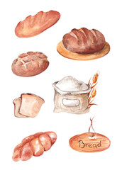 Bread wheat food product watercolor icon. Rye and wheat bread roll, French baguette, toast, bun, flour bag and wooden bun