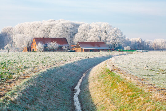 Idyllic winter landscape near Warendorf in Münsterland, Geramany