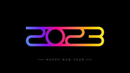 Obraz premium 2023 Happy New Year banner. Vector illustration with colorful numbers 2023 with trendy gradient. New Year holiday symbol template on black background.