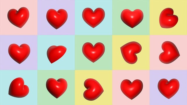 Abstract 3d red hearts on candy color background.Love and valentine concept.3d render illustration.
