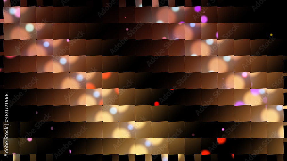 Poster abstract flying multi-colored particles against the background of mirror refraction in the rays of t