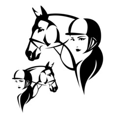 woman jockey rider wearing helmet and horse head - female jockey representing equestrian sport black and white vector design set