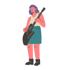Naklejka premium Woman playing the guitar, professional or immature musician, band member with electric or bass guitar on stage. Musical performance. Vector
