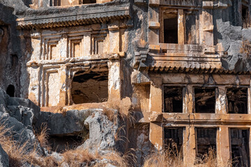 ancient tombs carved into the rocks in the ruins of Myra