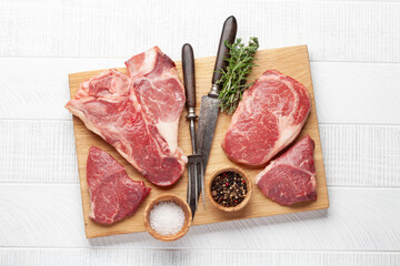 Various raw beef steaks