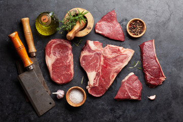 Various raw beef steaks