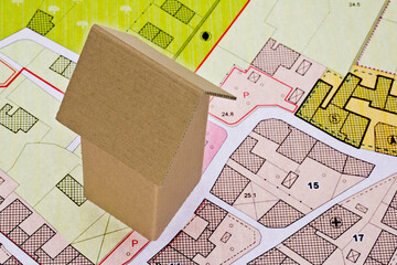 Imaginary cadastral map and General Urban Plan with buildings, land parcel and indications of urban...