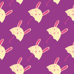Umbrella bunny seamless pattern. Funny characters background.