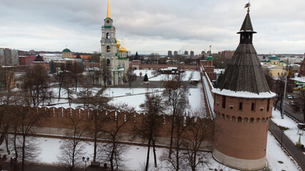 View of the Tula Kremlin, Krestovozdvizhenskaya Square, drone shot