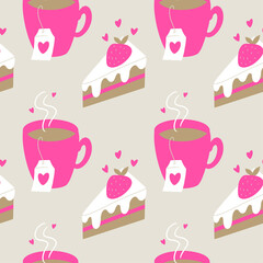 Seamless background with cups of tea and strawberry cake pieces. Valentine’s day background.