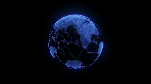 Digital blue planet Earth on a black background. Loop animation with rotating globe with shining continents.
