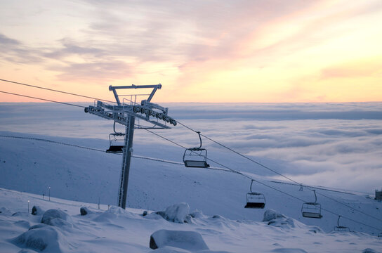 The chair lift on the Khibiny mountains in Kirovsk ski resort in the Murmansk region
