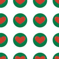 Line art seamless pattern in the form of a red heart on green circle. Romance graphic texture. Holiday celebration concept. Decorative print. Geometric bright wallpaper. Black contour line