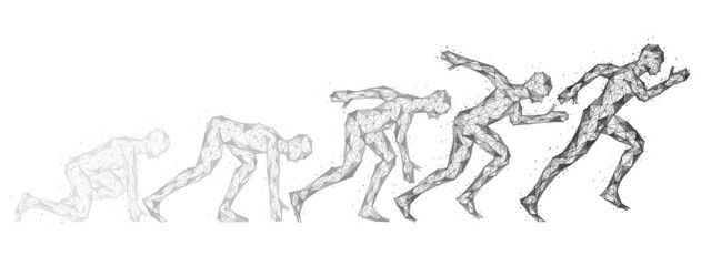 Postures of the human body from start to run. Polygonal design of lines and points.
