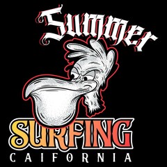 Illustration vector pelican with text surfing summer and black background cool design