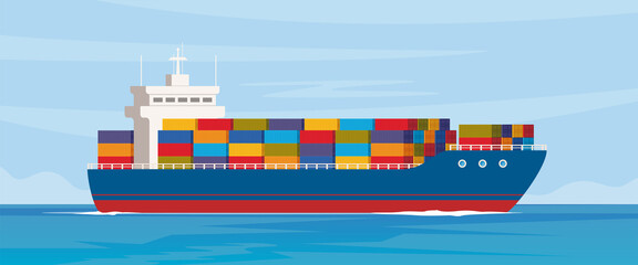 Cargo ship with containers in the ocean. Delivery, transportation, shipping freight transportation. Logistics concept vector illustration. © Alena