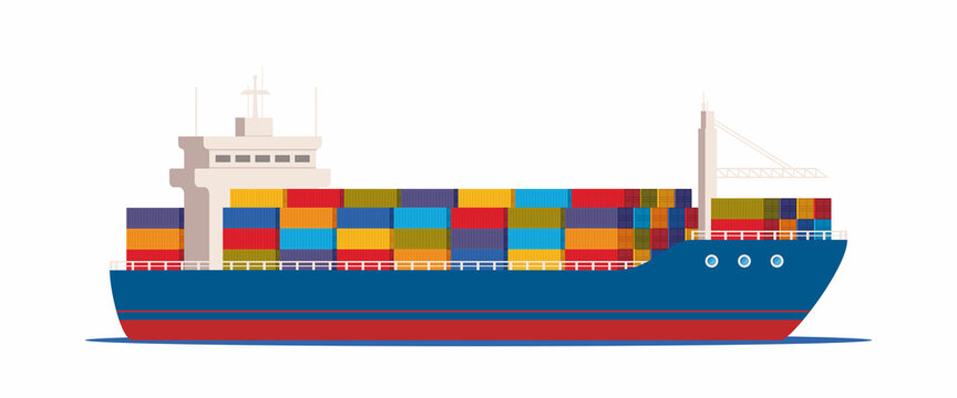 Cargo ship with containers in the ocean. Delivery, transportation, shipping freight transportation. Logistics concept vector illustration.