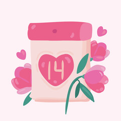 February 14 calendar. valentine's day hand drawn holiday card. romantic poster.