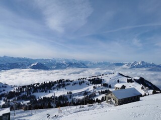 Snowy winter landscape with mountain view Swiss Alps 