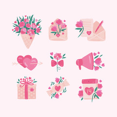 valentine's day hand drawing set. bouquet, gifts and love letter vector illustration. romantic sticker set. Saint Valentine's day big vector set.