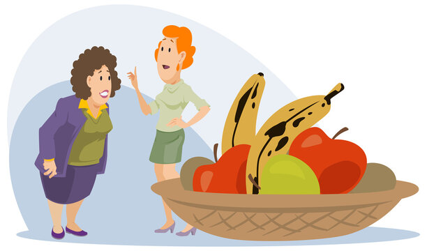 Girls near fruit basket. Illustration for internet and mobile website.
