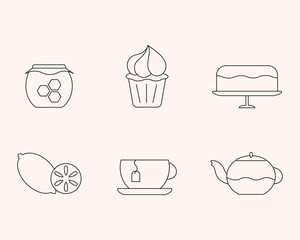 Tea Time Icons Set. Thin line, black contour, outline, flat design. Isolated elements of cup, teapot, honey jar, lemon fruit, cake. Vector