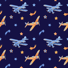 Seamless pattern with vintage airplanes and stars. Hand drawn watercolor illustration. Endless texture for baby design, decoration, greeting cards, posters, invitations, advertisement, textile.