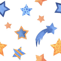 Seamless pattern with watercolor stars. Hand drawn illustration. Endless texture for design, decoration, greeting cards, posters, invitations, advertisement, textile.