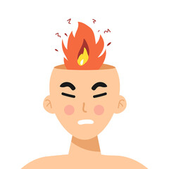Angry man or woman. Head with fire Vector illustration of anger, fury, annoyance. Anger, stressed Burnout, stress, emotional problem abstract concept. Burning brain. flame. flat