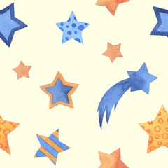 Obraz premium Seamless pattern with watercolor stars. Hand drawn illustration. Endless texture for design, decoration, greeting cards, posters, invitations, advertisement, textile.