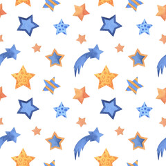 Obraz premium Seamless pattern with watercolor stars. Hand drawn illustration. Endless texture for design, decoration, greeting cards, posters, invitations, advertisement, textile.