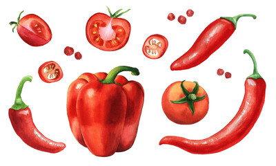 Red healthy vegetables and spices. Bell pepper, tomato, chili. Hand-drawn watercolor illustration on a white background. Picture for food design, menu, restaurant.