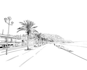 France. Nice. Promenade des Anglais. Hand drawn sketch. Vector illustration.  - obrazy, fototapety, plakaty