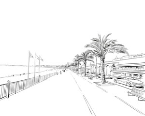 France. Nice. Promenade des Anglais. Hand drawn sketch. Vector illustration. 