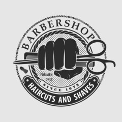 Barbershop logo, poster or banner design concept with hand holding hairdressing scissors and comb. Vector illustration