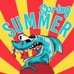 Illustration vector shark with comic and tattoo style text of surf and background