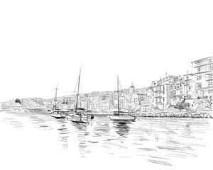France. Nice. Azure cost. Hand drawn sketch. Vector illustration. - 480778269